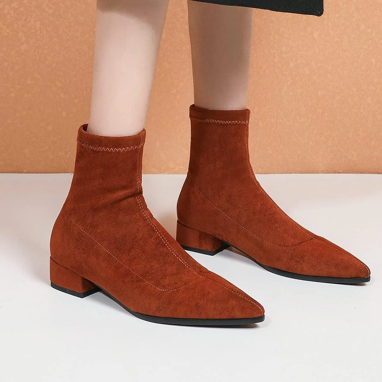 UniqueStride Suede Flat Ankle Boots for Women Pointed Toe Stretch Low Heel Slip On booties