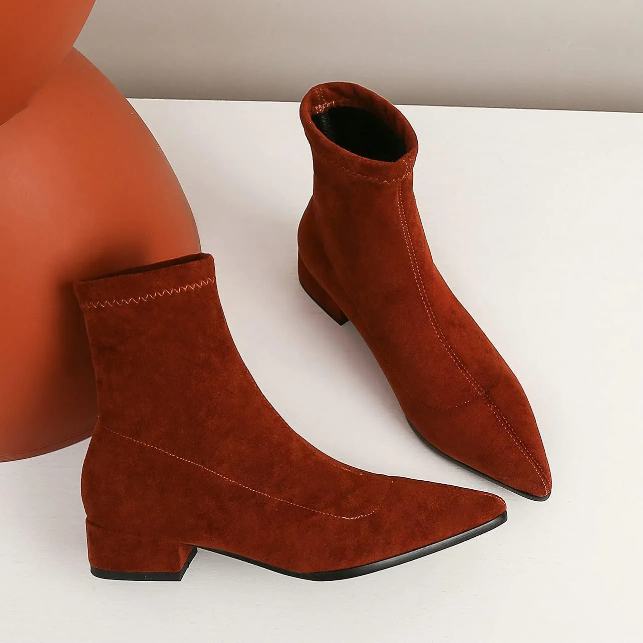 UniqueStride Suede Flat Ankle Boots for Women Pointed Toe Stretch Low Heel Slip On booties