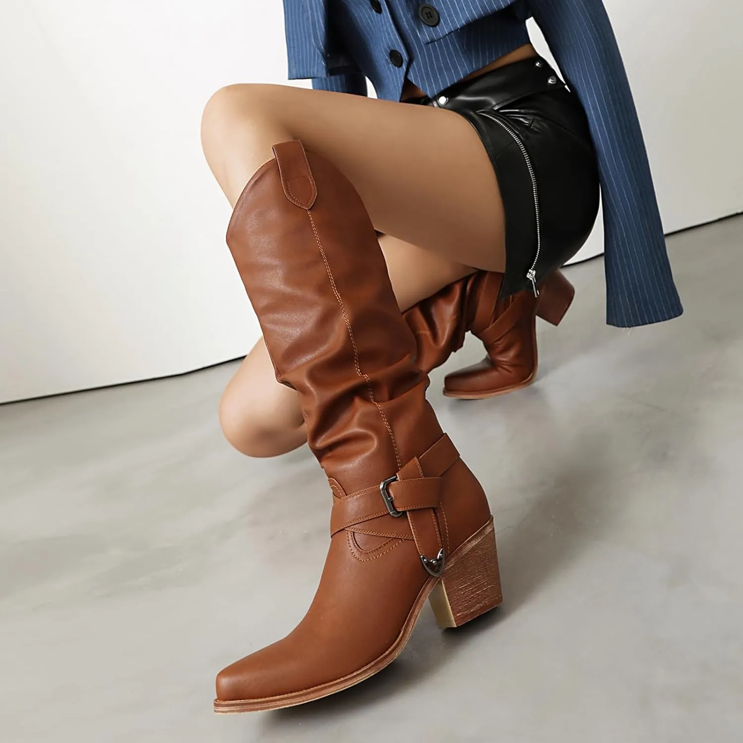 UTIKLIOU Women's Mid Calf Western Boots Slouchy Pull On Boots Chunky Heel Pointed Toe Cowboy Boots Winter Shoes