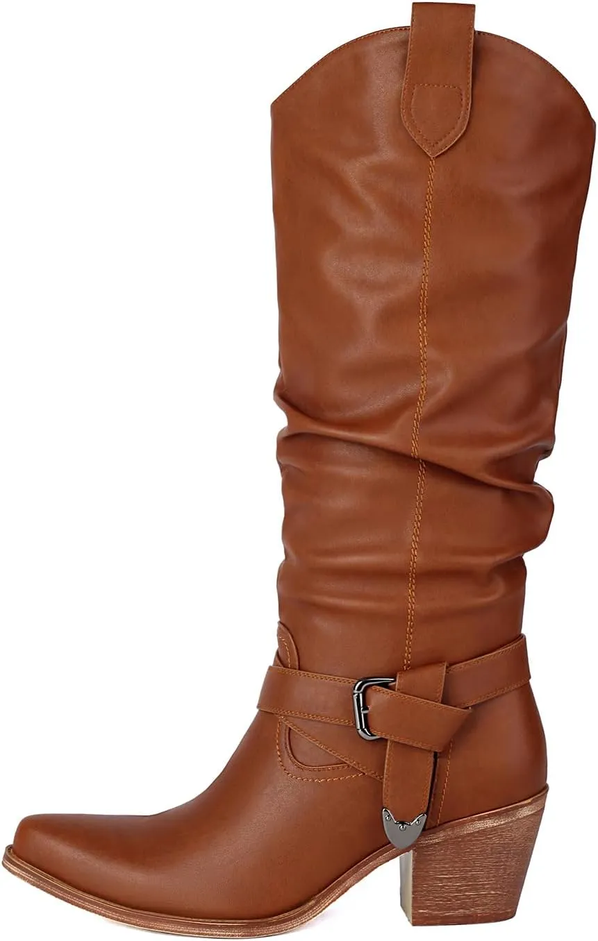UTIKLIOU Women's Mid Calf Western Boots Slouchy Pull On Boots Chunky Heel Pointed Toe Cowboy Boots Winter Shoes
