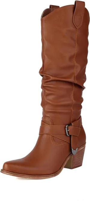 UTIKLIOU Women's Mid Calf Western Boots Slouchy Pull On Boots Chunky Heel Pointed Toe Cowboy Boots Winter Shoes