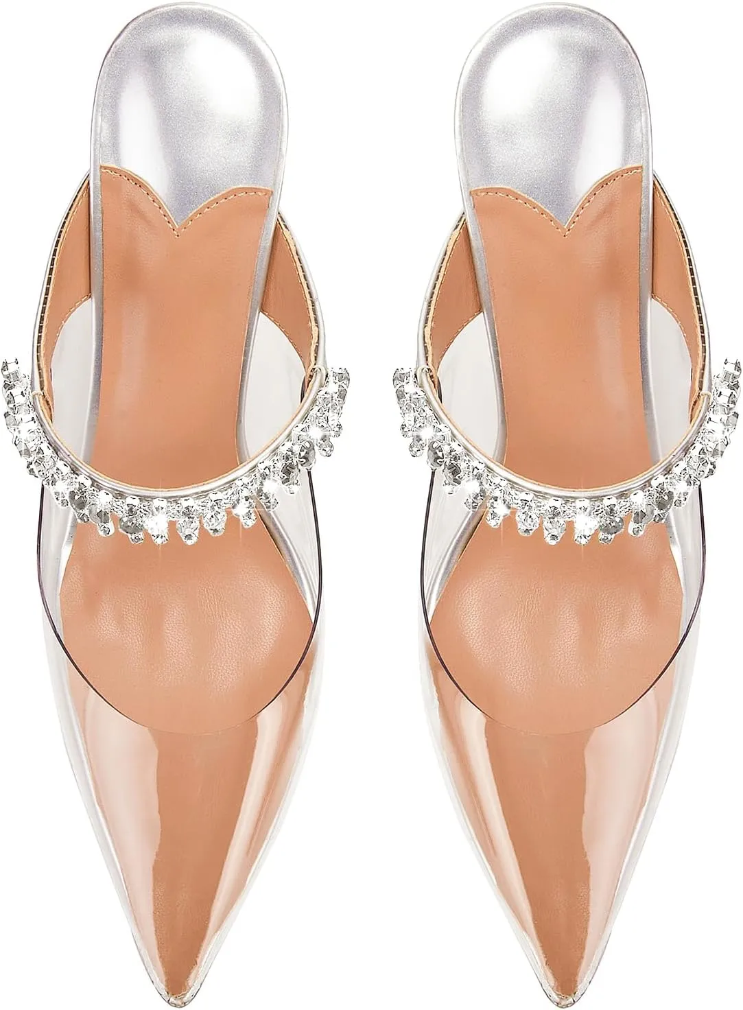 Vaslemuse Women Rhinestone Strap Heel Mules Bridal Pointy Toe Stiletto Heels Dress Pumps Slip On for Wedding Party