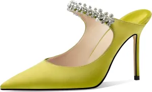 Vaslemuse Women Rhinestone Strap Heel Mules Bridal Pointy Toe Stiletto Heels Dress Pumps Slip On for Wedding Party