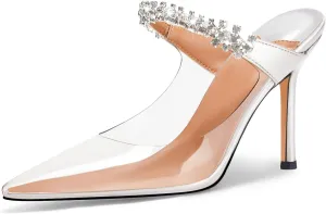 Vaslemuse Women Rhinestone Strap Heel Mules Bridal Pointy Toe Stiletto Heels Dress Pumps Slip On for Wedding Party