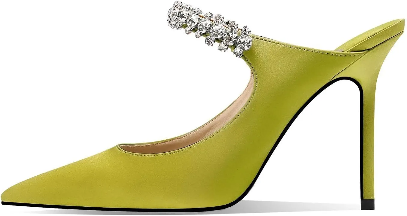 Vaslemuse Women Rhinestone Strap Heel Mules Bridal Pointy Toe Stiletto Heels Dress Pumps Slip On for Wedding Party