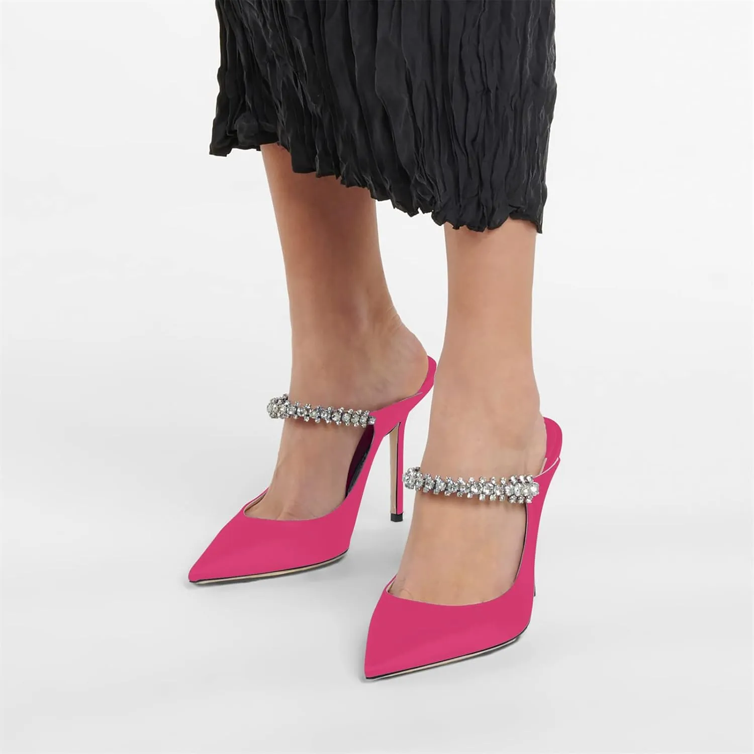 Vaslemuse Women Rhinestone Strap Heel Mules Bridal Pointy Toe Stiletto Heels Dress Pumps Slip On for Wedding Party