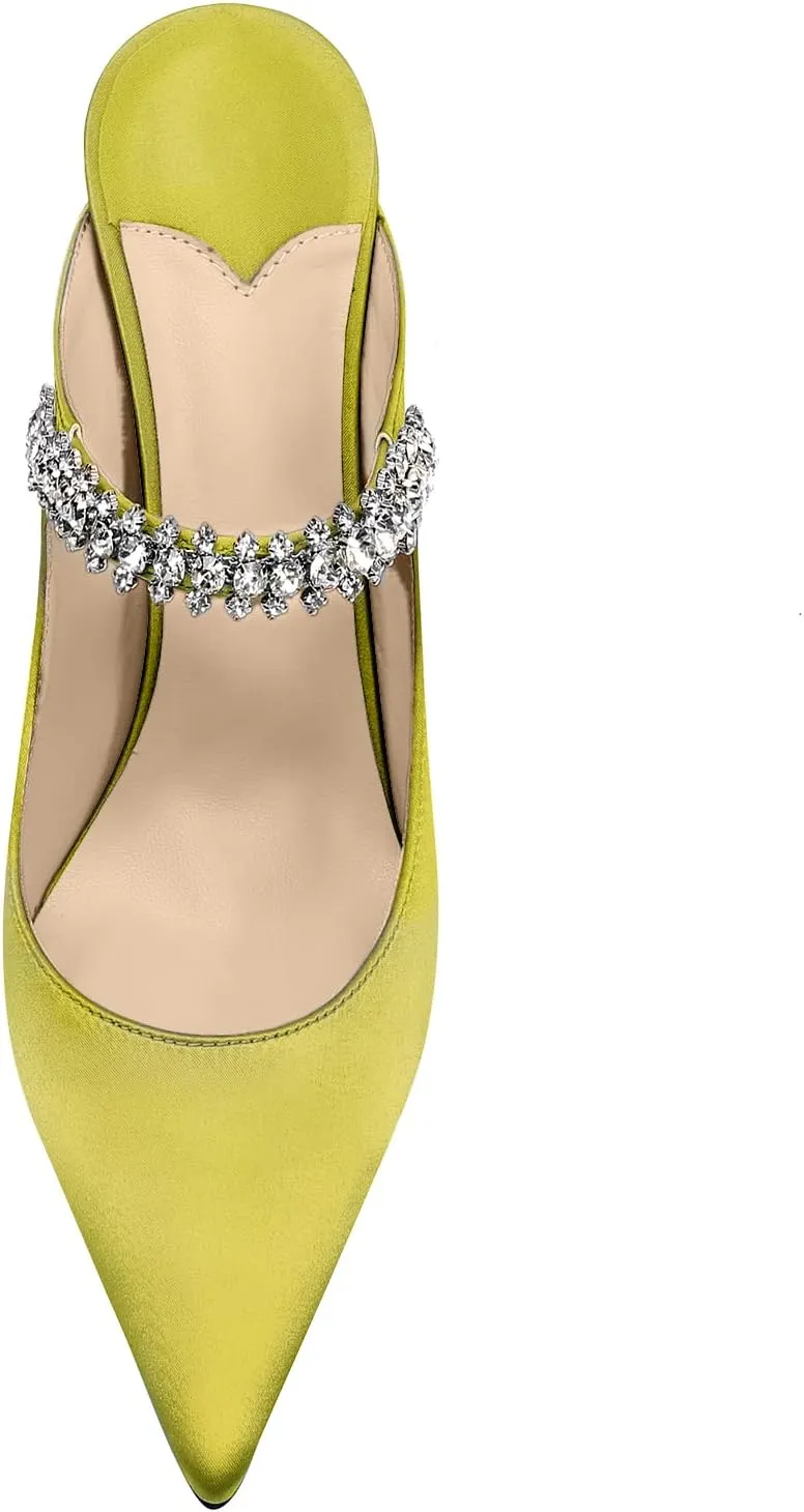 Vaslemuse Women Rhinestone Strap Heel Mules Bridal Pointy Toe Stiletto Heels Dress Pumps Slip On for Wedding Party