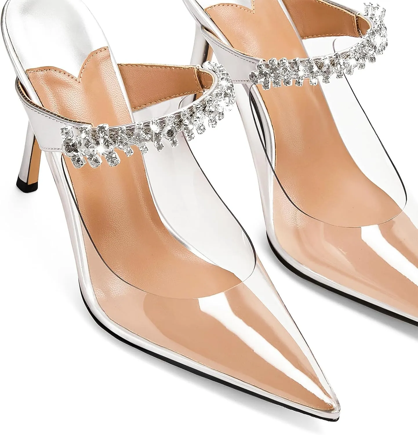 Vaslemuse Women Rhinestone Strap Heel Mules Bridal Pointy Toe Stiletto Heels Dress Pumps Slip On for Wedding Party