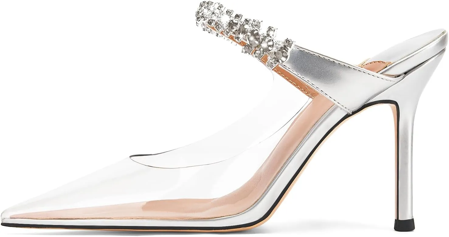 Vaslemuse Women Rhinestone Strap Heel Mules Bridal Pointy Toe Stiletto Heels Dress Pumps Slip On for Wedding Party