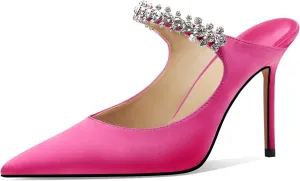 Vaslemuse Women Rhinestone Strap Heel Mules Bridal Pointy Toe Stiletto Heels Dress Pumps Slip On for Wedding Party