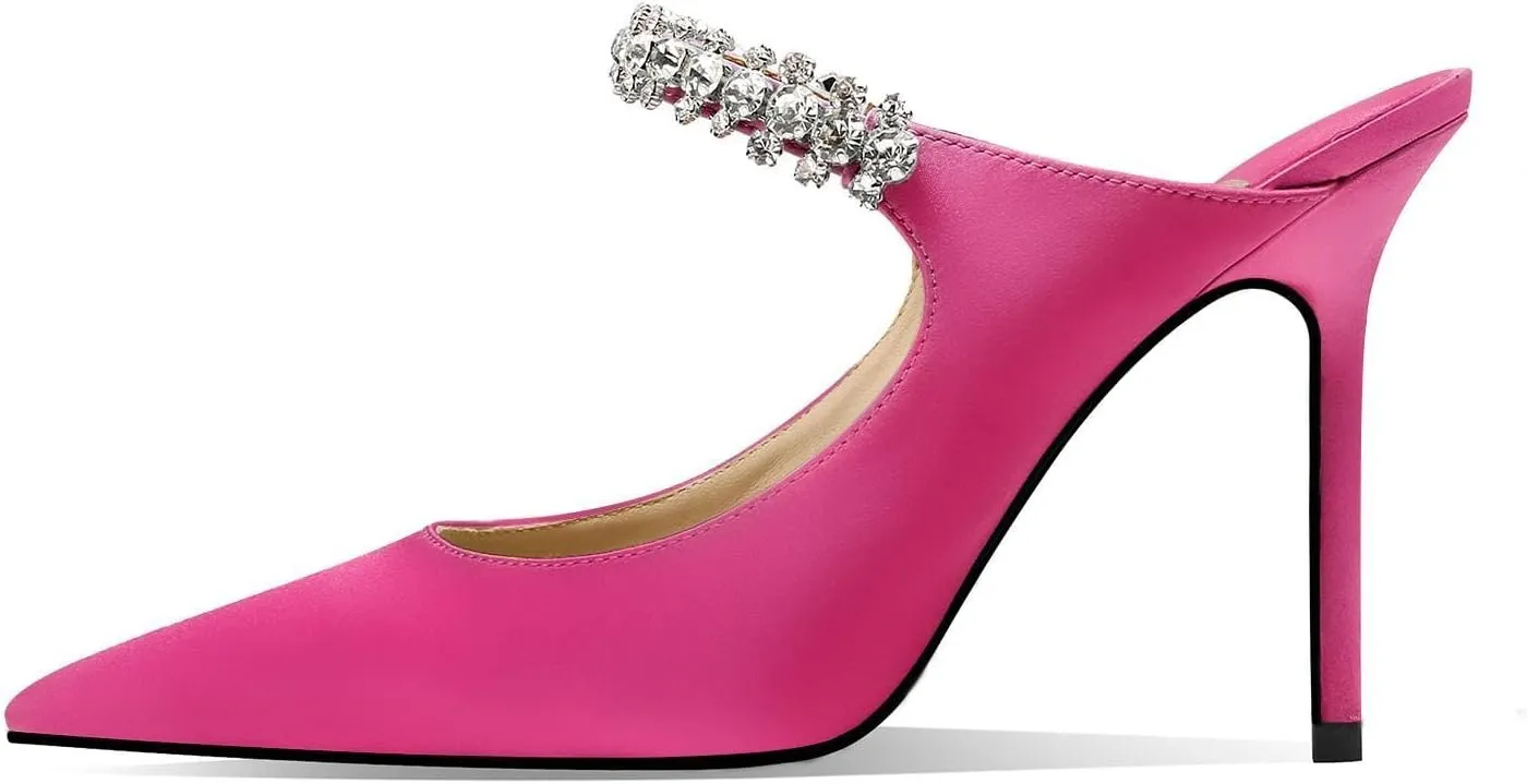 Vaslemuse Women Rhinestone Strap Heel Mules Bridal Pointy Toe Stiletto Heels Dress Pumps Slip On for Wedding Party