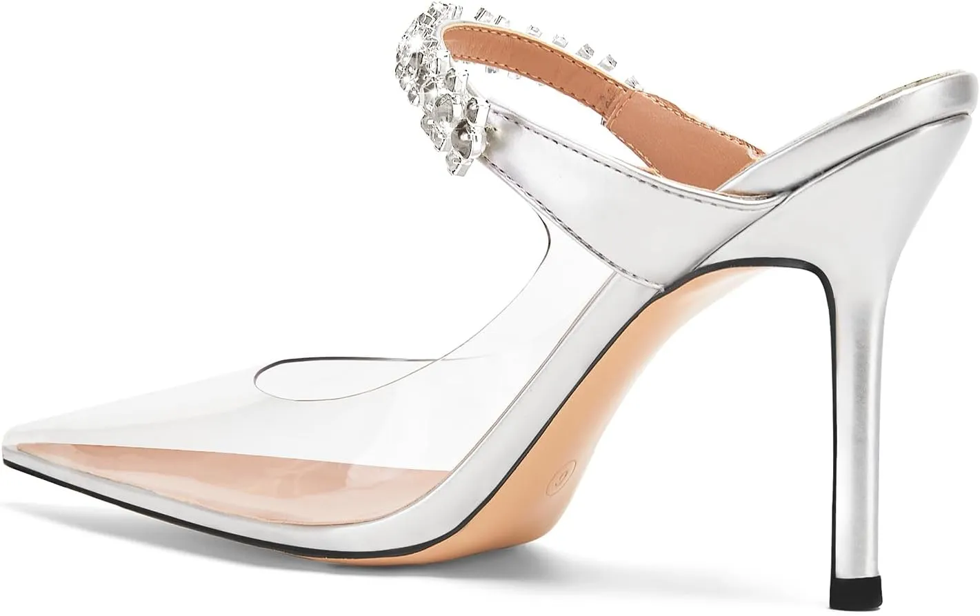 Vaslemuse Women Rhinestone Strap Heel Mules Bridal Pointy Toe Stiletto Heels Dress Pumps Slip On for Wedding Party