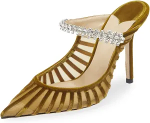 Vaslemuse Women Rhinestone Strap Heel Mules Bridal Pointy Toe Stiletto Heels Dress Pumps Slip On for Wedding Party