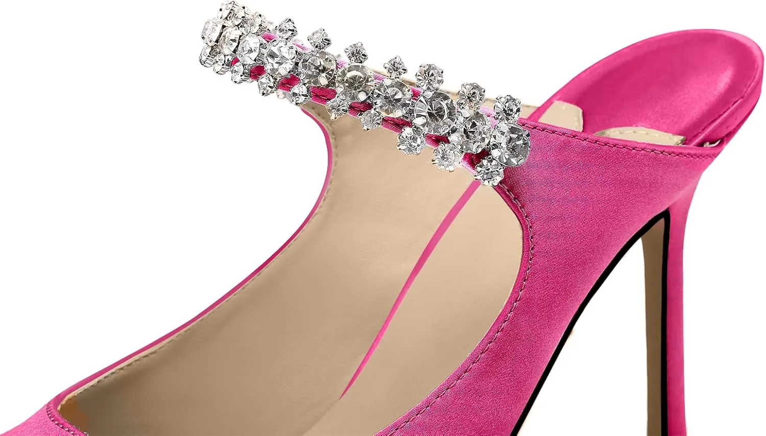 Vaslemuse Women Rhinestone Strap Heel Mules Bridal Pointy Toe Stiletto Heels Dress Pumps Slip On for Wedding Party