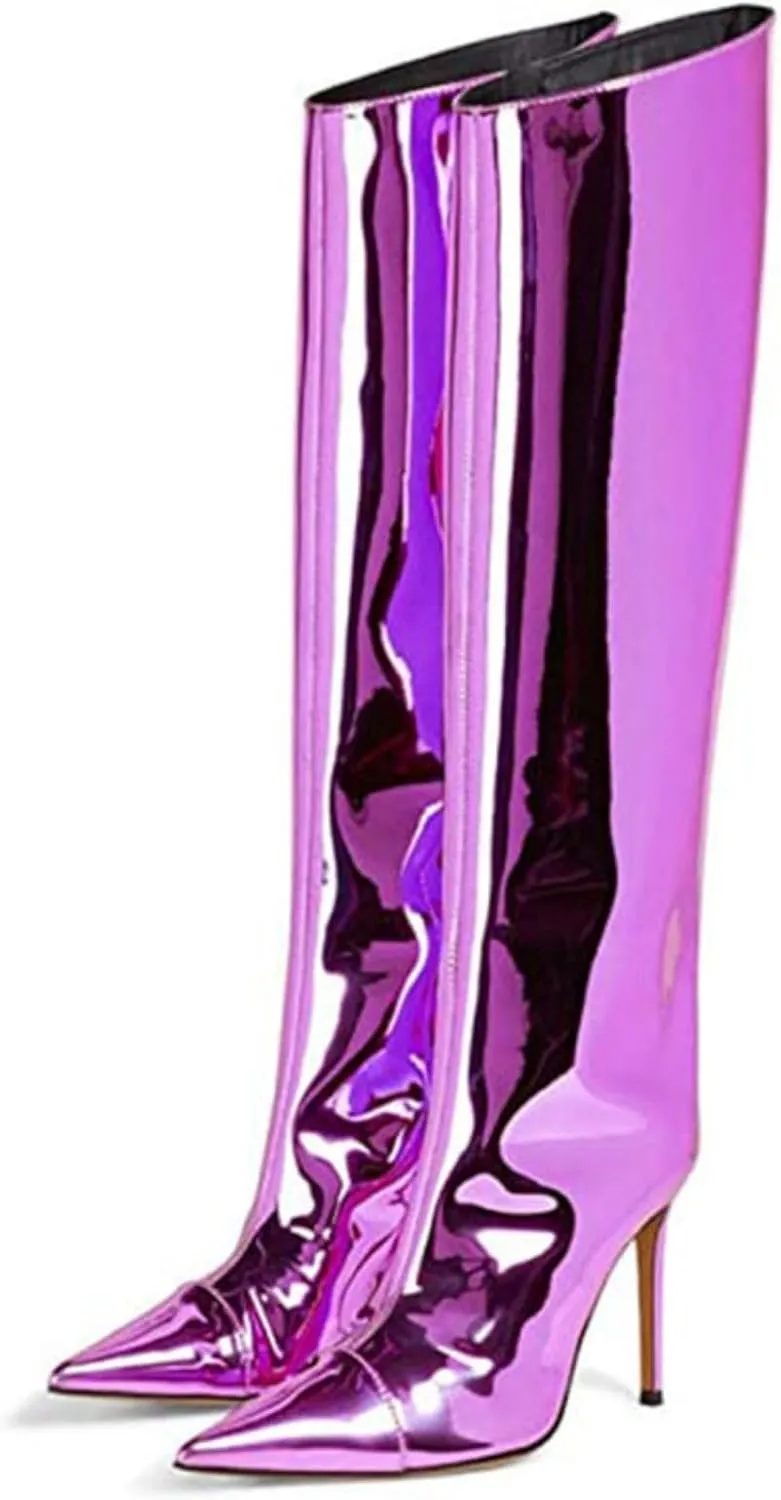 Vertundy Women's Metallic Knee High Boots Sexy Silver Pointed Toe Stiletto Booties Wide Calf High Heel Patent Leather Ankle Boots with Side Zipper