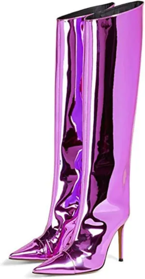 Vertundy Women's Metallic Knee High Boots Sexy Silver Pointed Toe Stiletto Booties Wide Calf High Heel Patent Leather Ankle Boots with Side Zipper