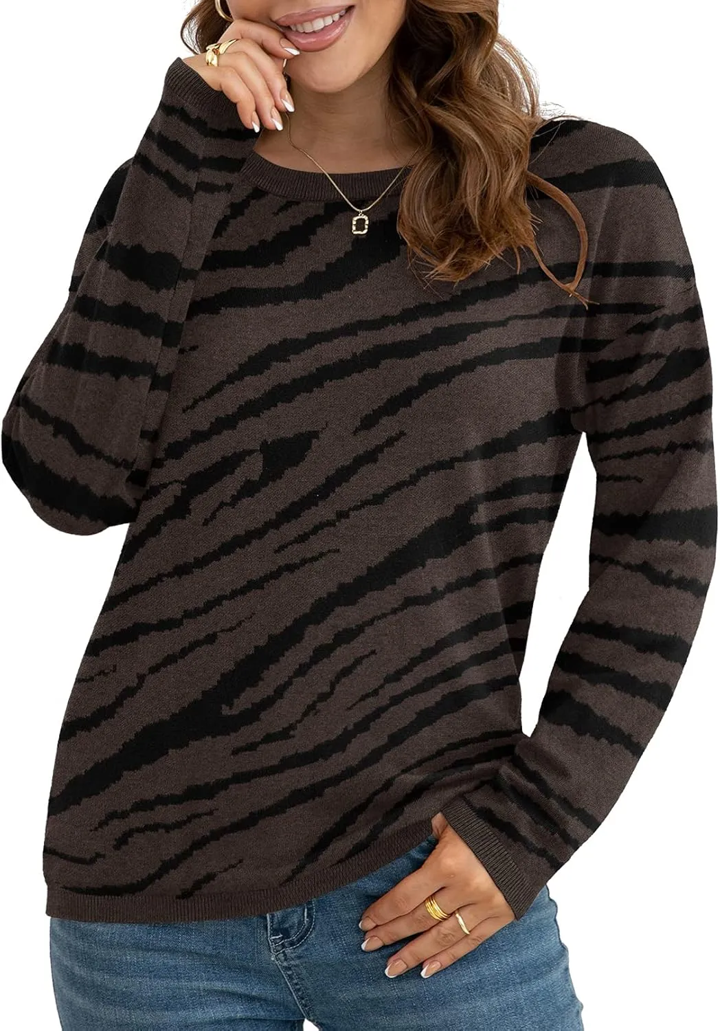 VIISHOW Women's Pullover Sweaters Long Sleeve Print Knitted Crew Neck Sweater Tops a Little Run Big