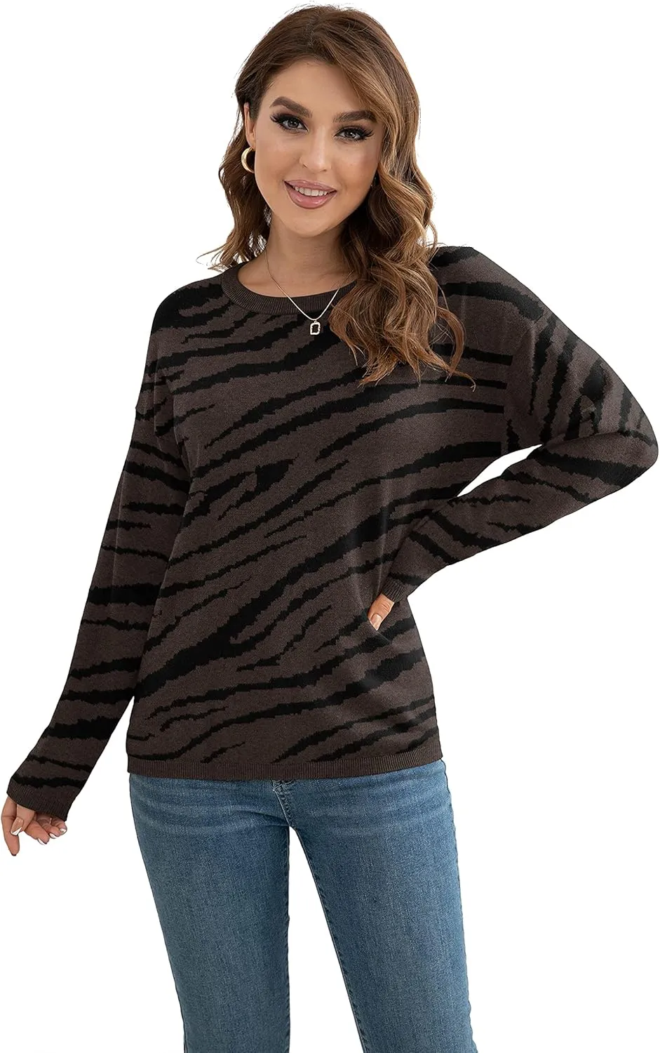 VIISHOW Women's Pullover Sweaters Long Sleeve Print Knitted Crew Neck Sweater Tops a Little Run Big