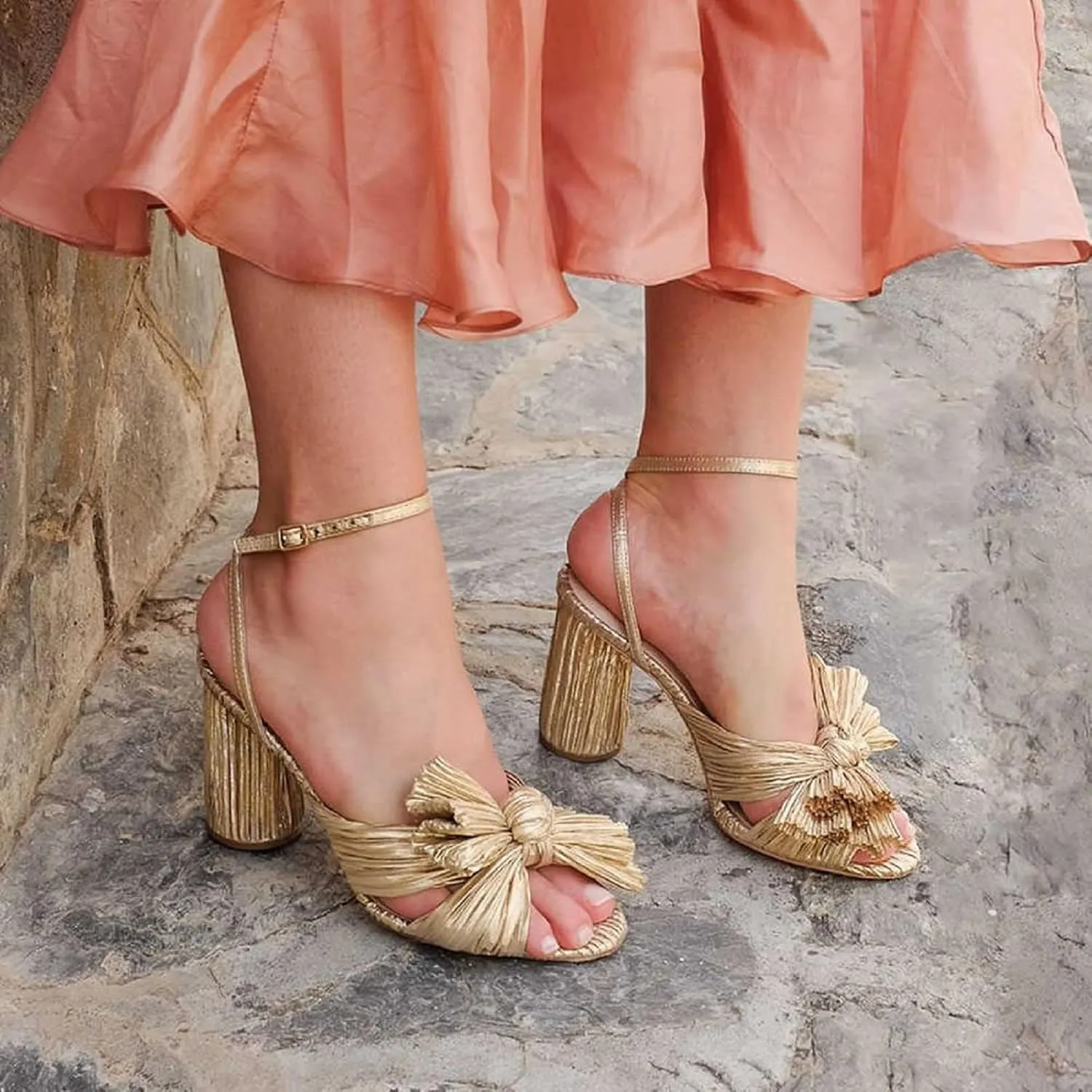 VIMISAOI Women's Bow Knot Heeled Sandals Open Toe High Block Chunky Heels Ankle Buckle Strap Pleated Bride Wedding Party Dress Shoes