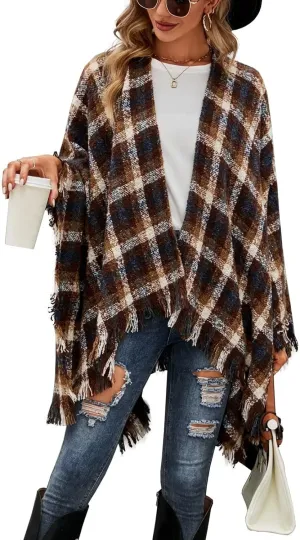 VIMPUNEC Women Boho Buffalo Plaid Poncho Pashmina Shawl Wrap Cape Sweater Knitting Cardigan with Tassel
