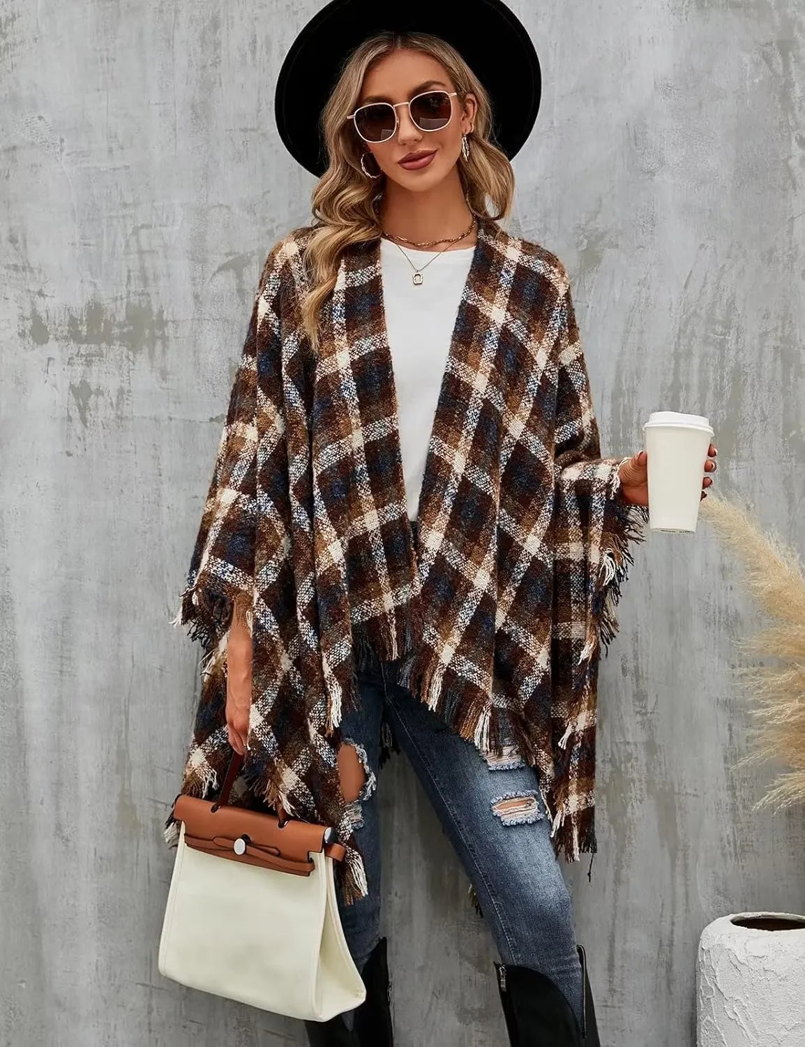 VIMPUNEC Women Boho Buffalo Plaid Poncho Pashmina Shawl Wrap Cape Sweater Knitting Cardigan with Tassel