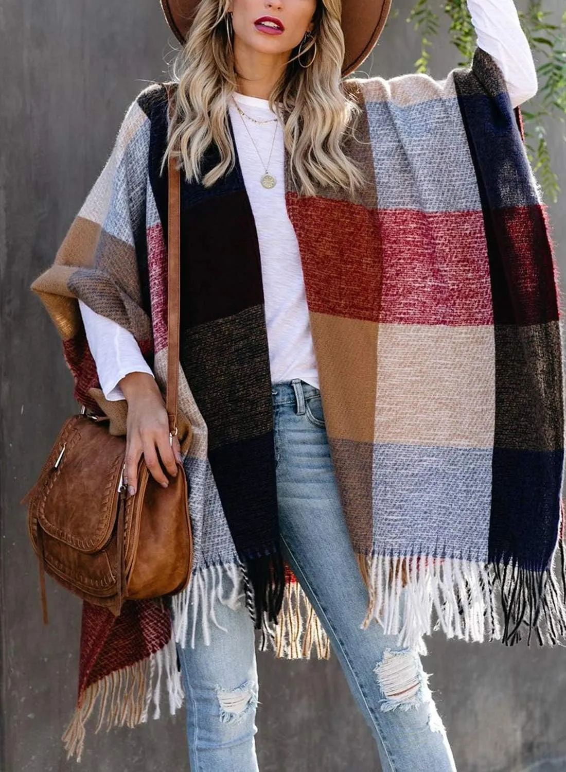 VIMPUNEC Women Boho Buffalo Plaid Poncho Pashmina Shawl Wrap Cape Sweater Knitting Cardigan with Tassel