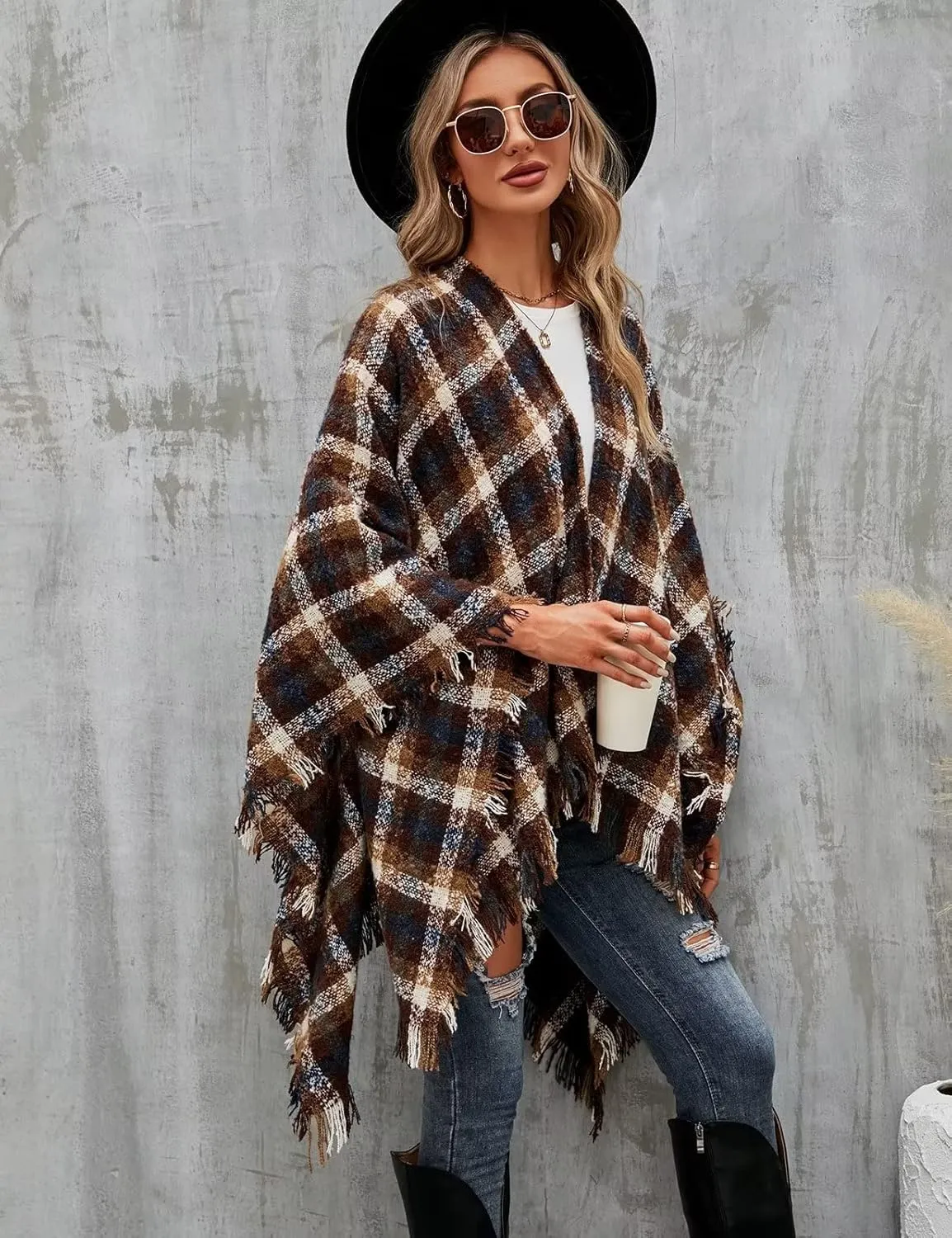 VIMPUNEC Women Boho Buffalo Plaid Poncho Pashmina Shawl Wrap Cape Sweater Knitting Cardigan with Tassel
