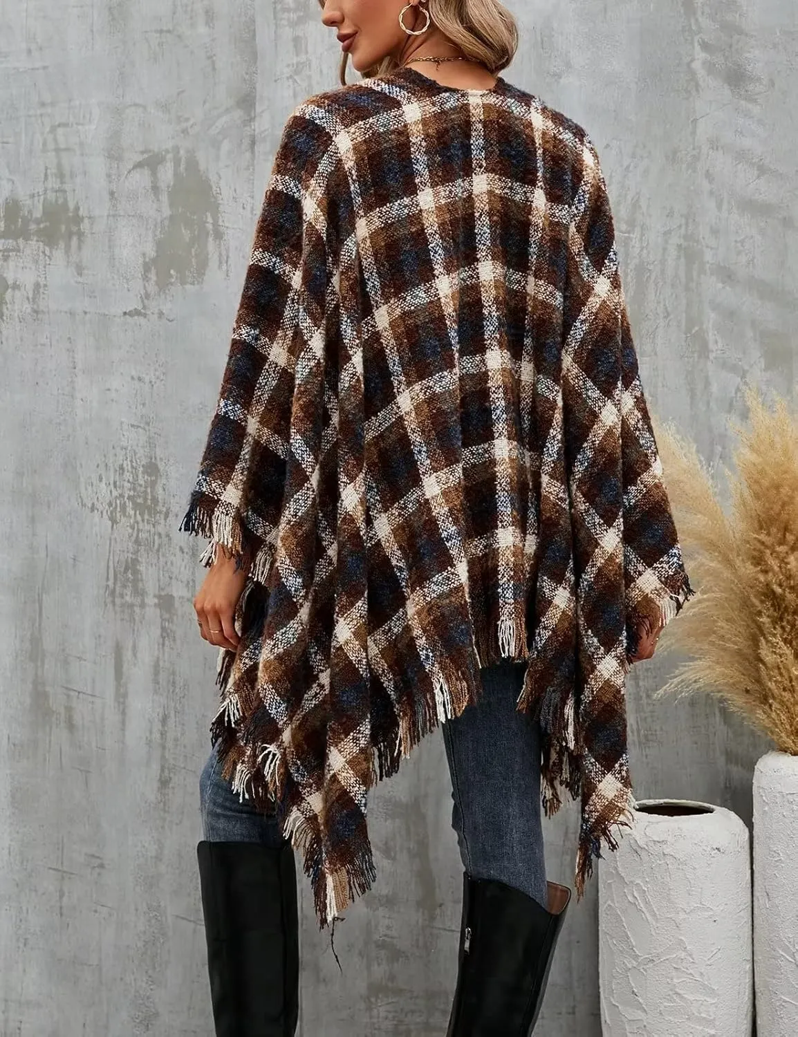 VIMPUNEC Women Boho Buffalo Plaid Poncho Pashmina Shawl Wrap Cape Sweater Knitting Cardigan with Tassel