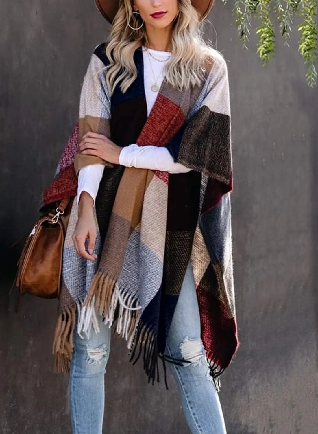 VIMPUNEC Women Boho Buffalo Plaid Poncho Pashmina Shawl Wrap Cape Sweater Knitting Cardigan with Tassel