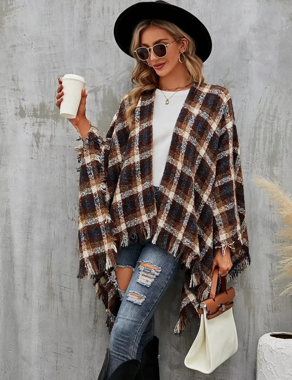 VIMPUNEC Women Boho Buffalo Plaid Poncho Pashmina Shawl Wrap Cape Sweater Knitting Cardigan with Tassel