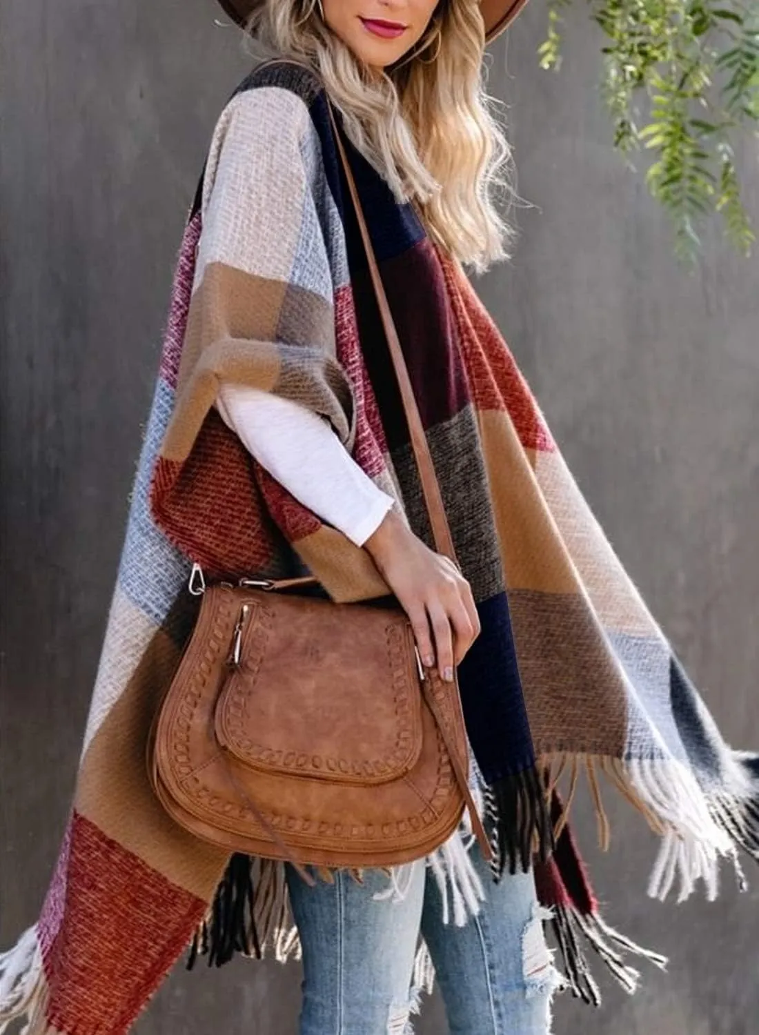 VIMPUNEC Women Boho Buffalo Plaid Poncho Pashmina Shawl Wrap Cape Sweater Knitting Cardigan with Tassel