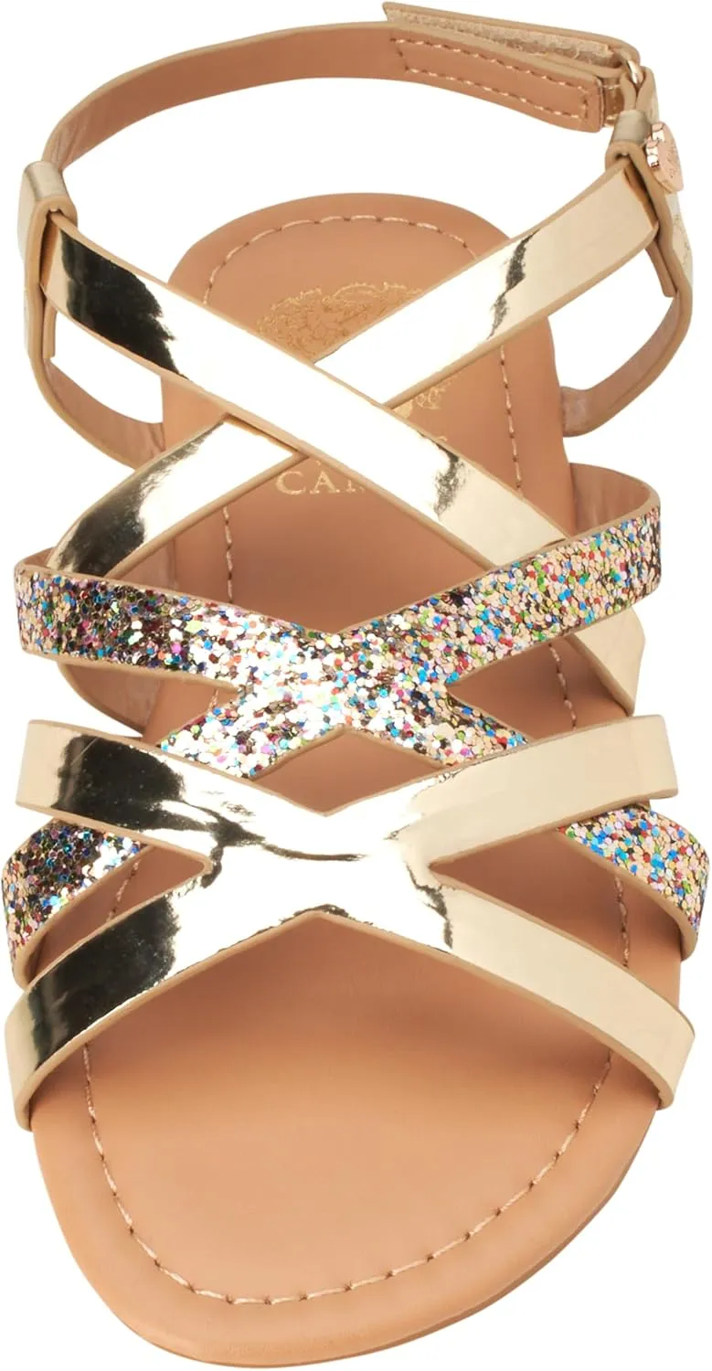Vince Camuto Girls' Sandals - Open Toe Summer Strappy Flat Dress Shoes with Glitters and Secure Hook and Look Closure
