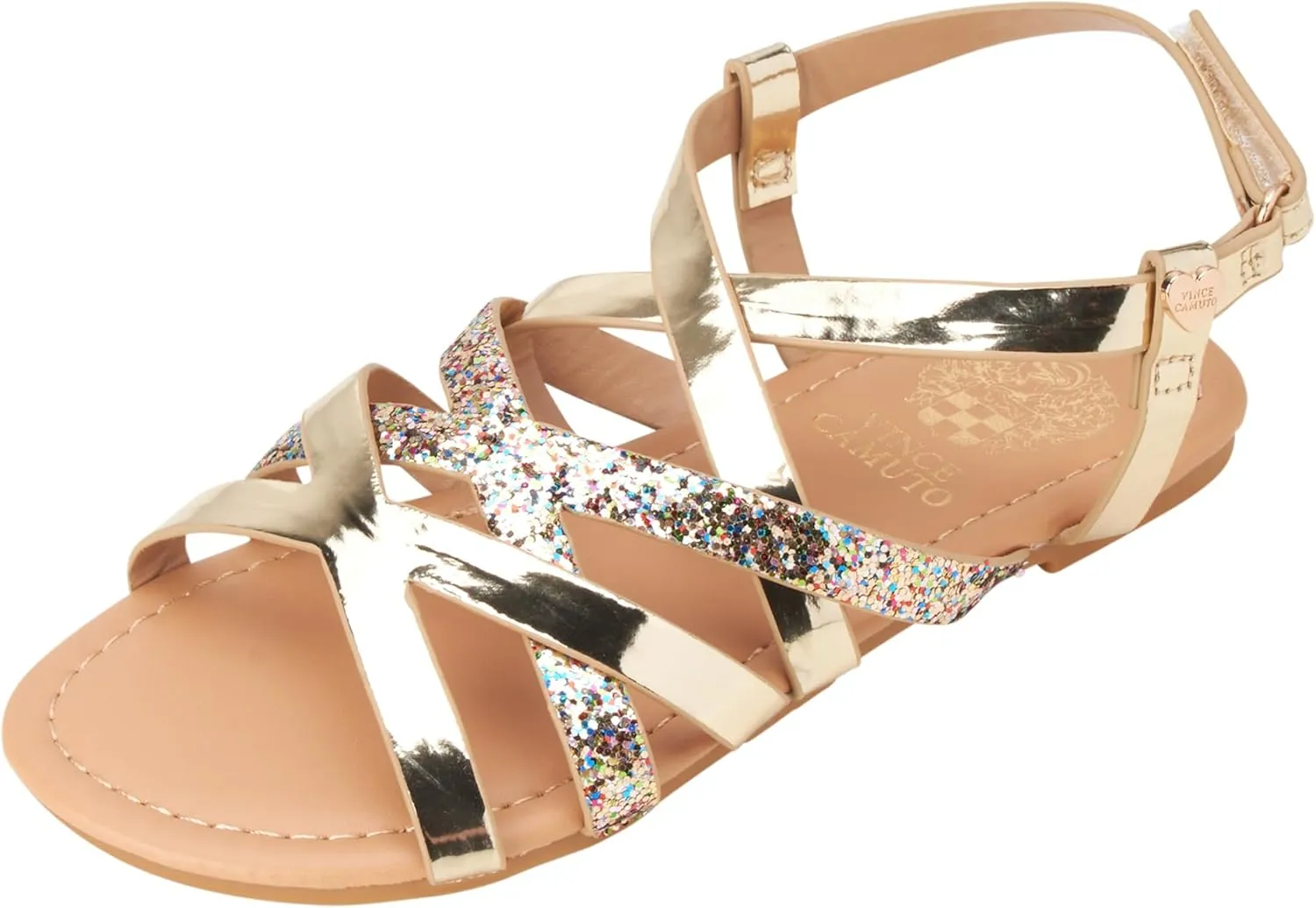 Vince Camuto Girls' Sandals - Open Toe Summer Strappy Flat Dress Shoes with Glitters and Secure Hook and Look Closure