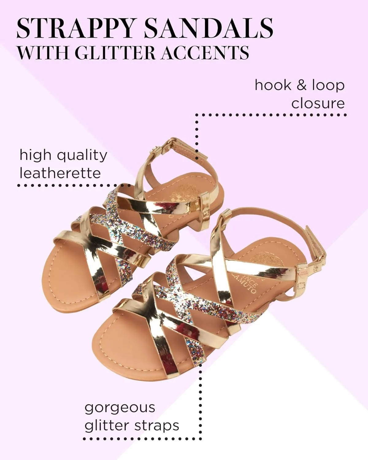Vince Camuto Girls' Sandals - Open Toe Summer Strappy Flat Dress Shoes with Glitters and Secure Hook and Look Closure