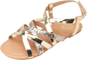 Vince Camuto Girls' Sandals - Open Toe Summer Strappy Flat Dress Shoes with Glitters and Secure Hook and Look Closure