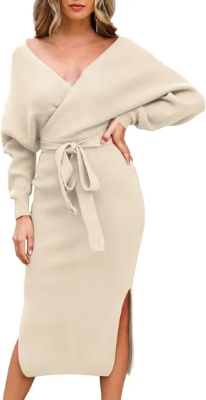 Viottiset Women's V Neck Long Batwing Sleeve Wrap Midi Knit Sweater Dress Elegant Backless with Belt Slit