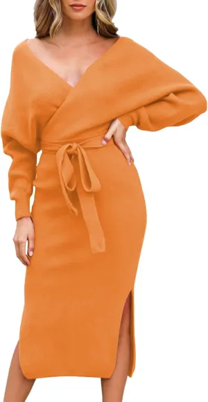 Viottiset Women's V Neck Long Batwing Sleeve Wrap Midi Knit Sweater Dress Elegant Backless with Belt Slit