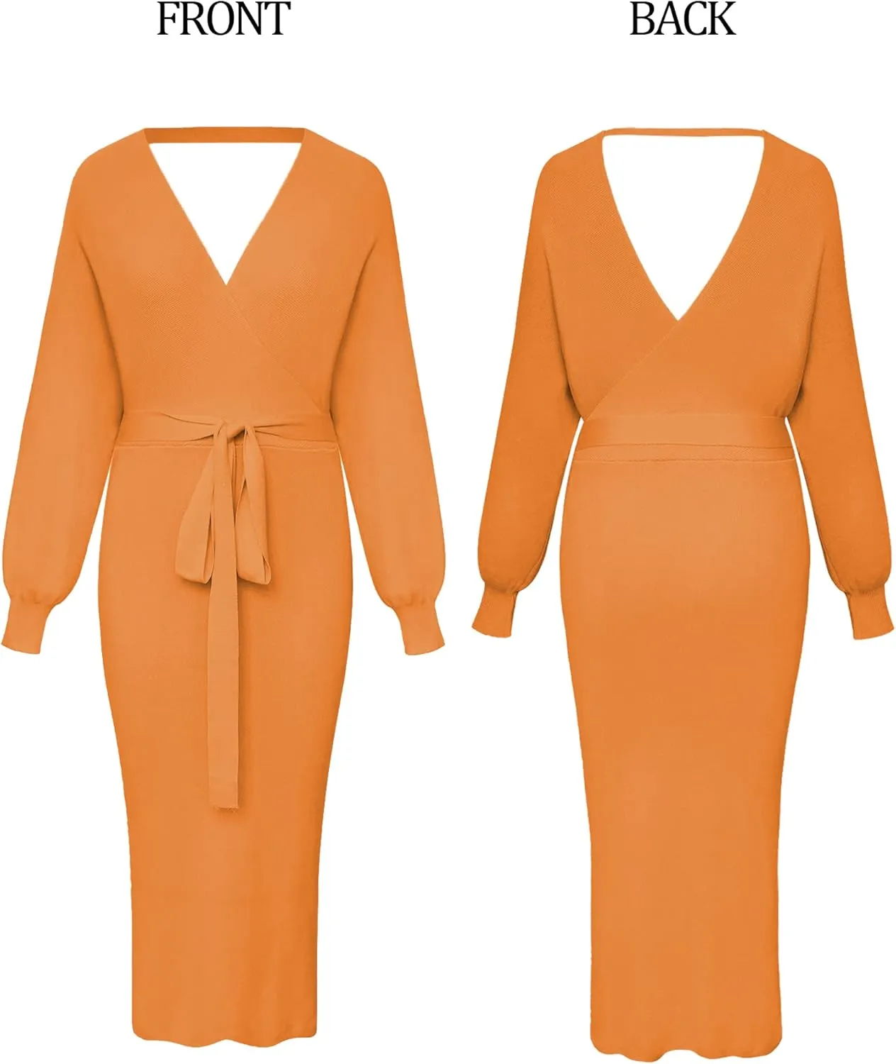 Viottiset Women's V Neck Long Batwing Sleeve Wrap Midi Knit Sweater Dress Elegant Backless with Belt Slit