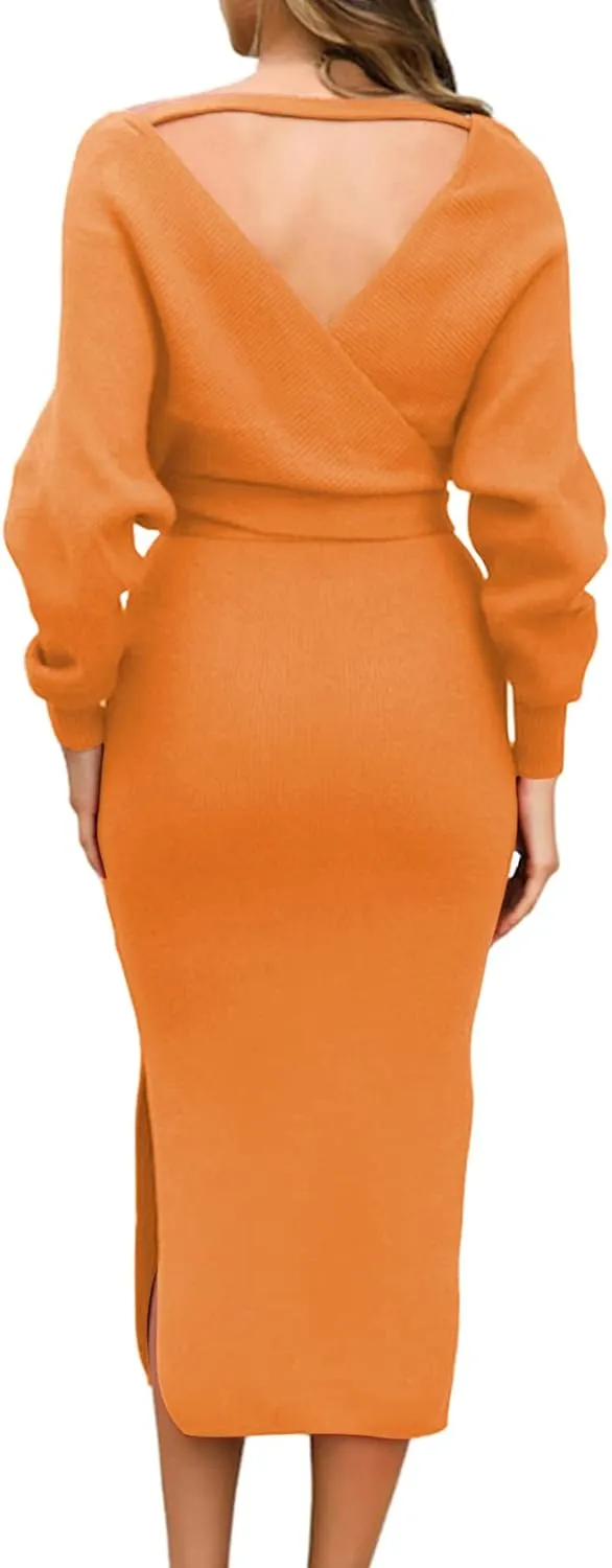 Viottiset Women's V Neck Long Batwing Sleeve Wrap Midi Knit Sweater Dress Elegant Backless with Belt Slit