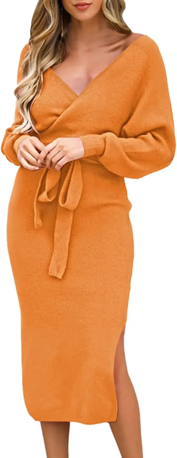 Viottiset Women's V Neck Long Batwing Sleeve Wrap Midi Knit Sweater Dress Elegant Backless with Belt Slit
