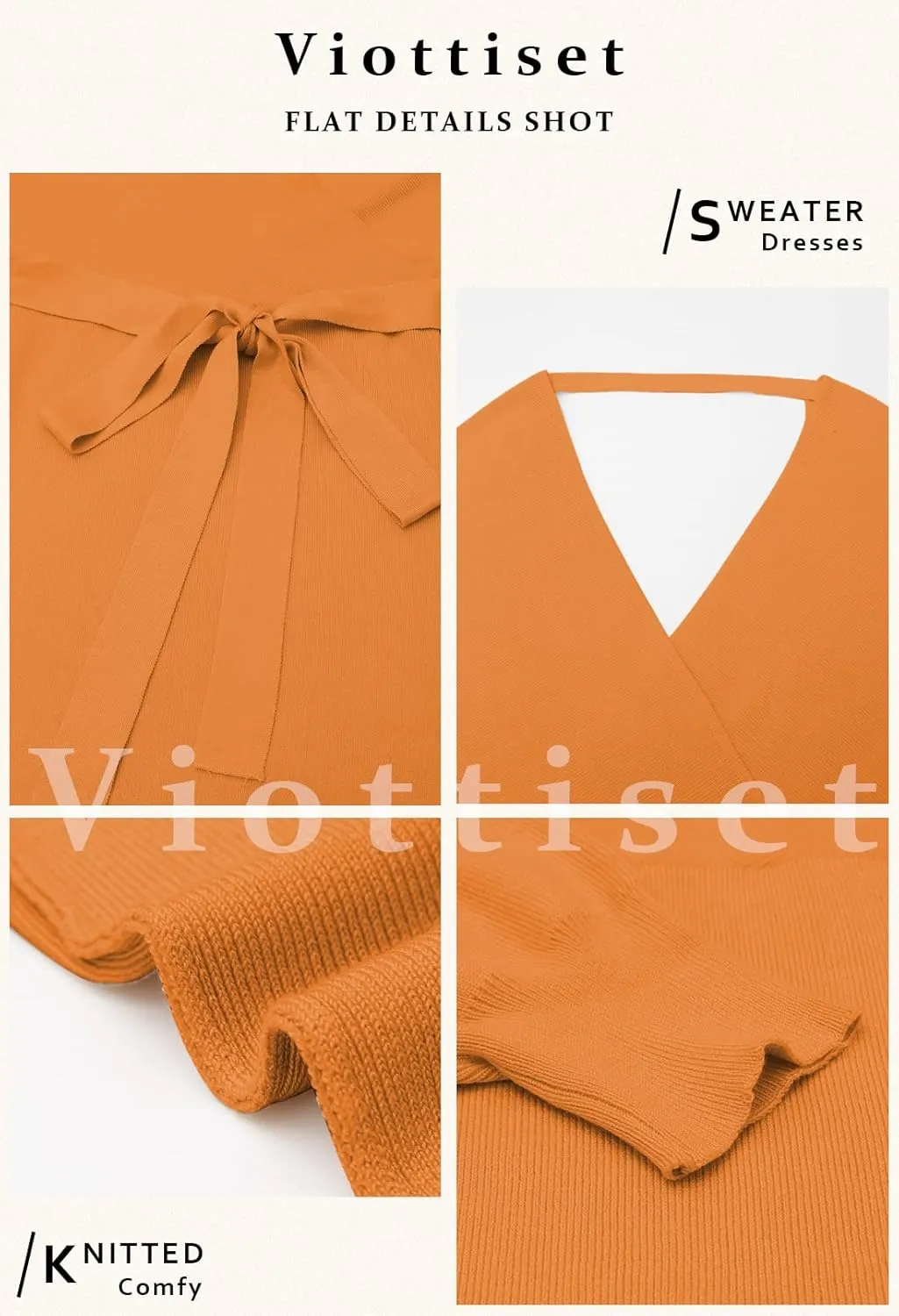 Viottiset Women's V Neck Long Batwing Sleeve Wrap Midi Knit Sweater Dress Elegant Backless with Belt Slit