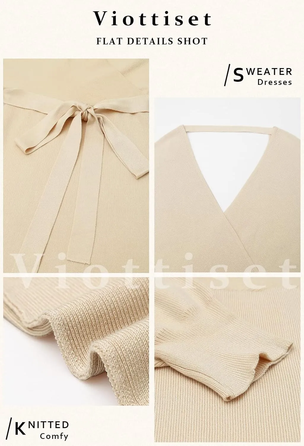 Viottiset Women's V Neck Long Batwing Sleeve Wrap Midi Knit Sweater Dress Elegant Backless with Belt Slit