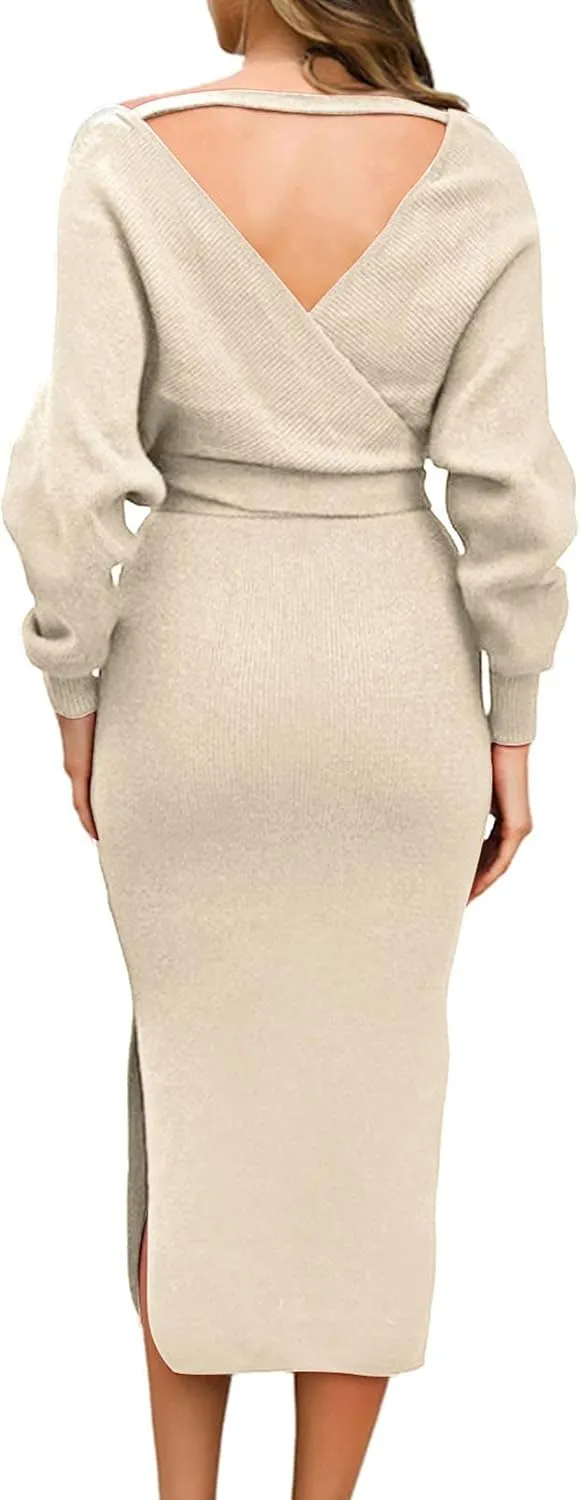 Viottiset Women's V Neck Long Batwing Sleeve Wrap Midi Knit Sweater Dress Elegant Backless with Belt Slit