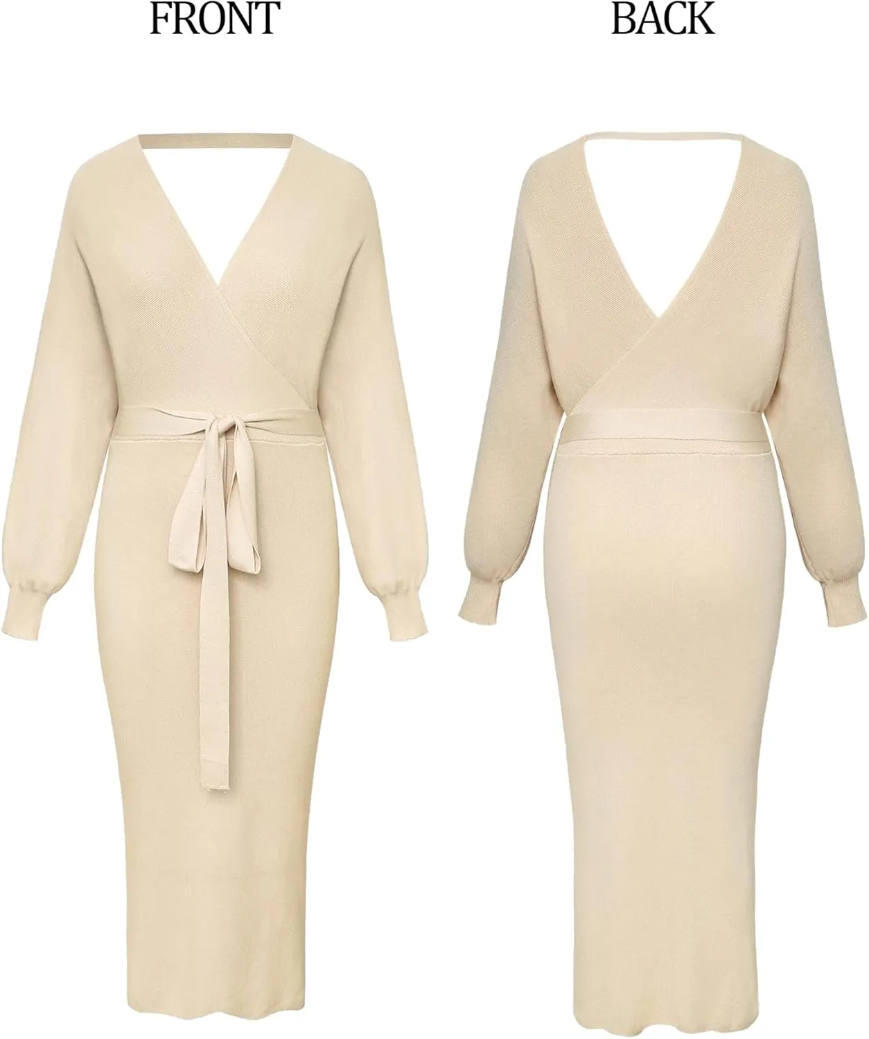 Viottiset Women's V Neck Long Batwing Sleeve Wrap Midi Knit Sweater Dress Elegant Backless with Belt Slit