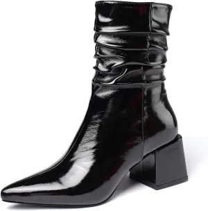 vivianly Pointed Toe Ankle Boot Mid-Calf Boots Chunky Block Heel Booties for Women