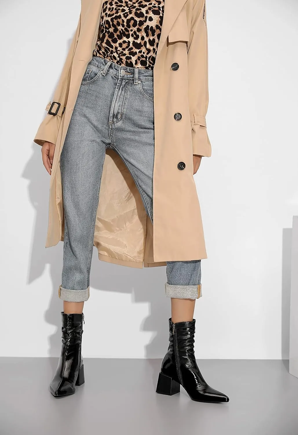 vivianly Pointed Toe Ankle Boot Mid-Calf Boots Chunky Block Heel Booties for Women