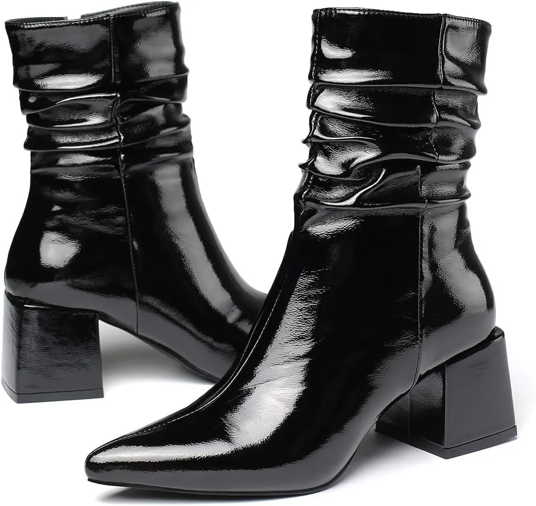 vivianly Pointed Toe Ankle Boot Mid-Calf Boots Chunky Block Heel Booties for Women