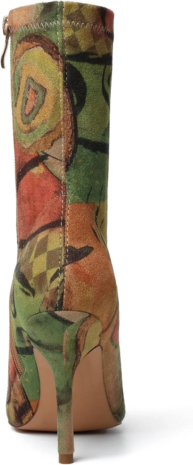 vivianly Stretch Pointed Toe Sock Booties Mid-Calf Ankle Boot Stiletto Heel Boots for Women