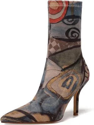 vivianly Stretch Pointed Toe Sock Booties Mid-Calf Ankle Boot Stiletto Heel Boots for Women