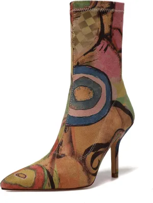 vivianly Stretch Pointed Toe Sock Booties Mid-Calf Ankle Boot Stiletto Heel Boots for Women